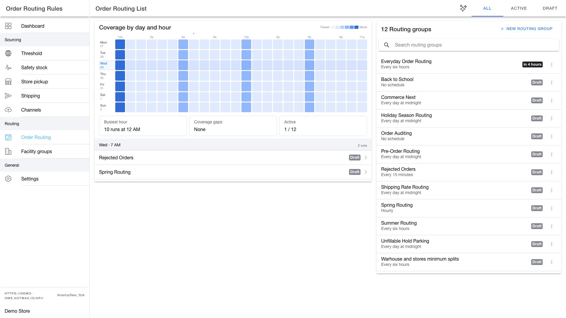 Order Routing List page with the schedule coverage grid and routing group list