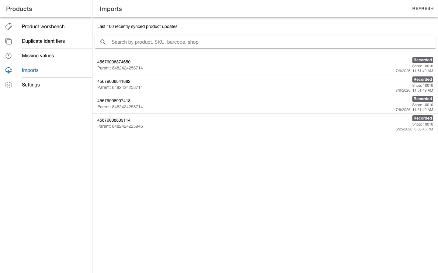 Recent Recorded product update rows from the demo OMS