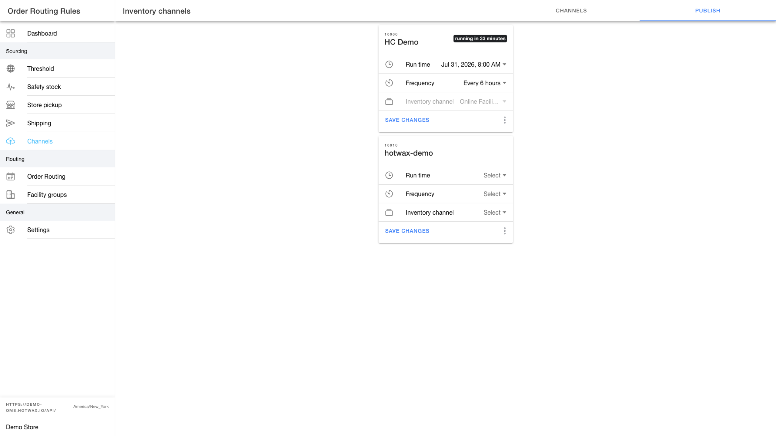 Inventory channels Publish tab with connected shop cards for run time, frequency, inventory channel, and save controls