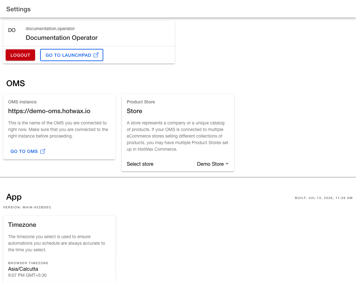 Products app settings showing the demo OMS instance and Demo Store