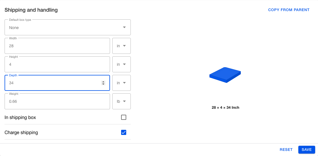 Shipping and handling card for an Abominable Hoodie variant with unsaved example dimensions in the visualizer