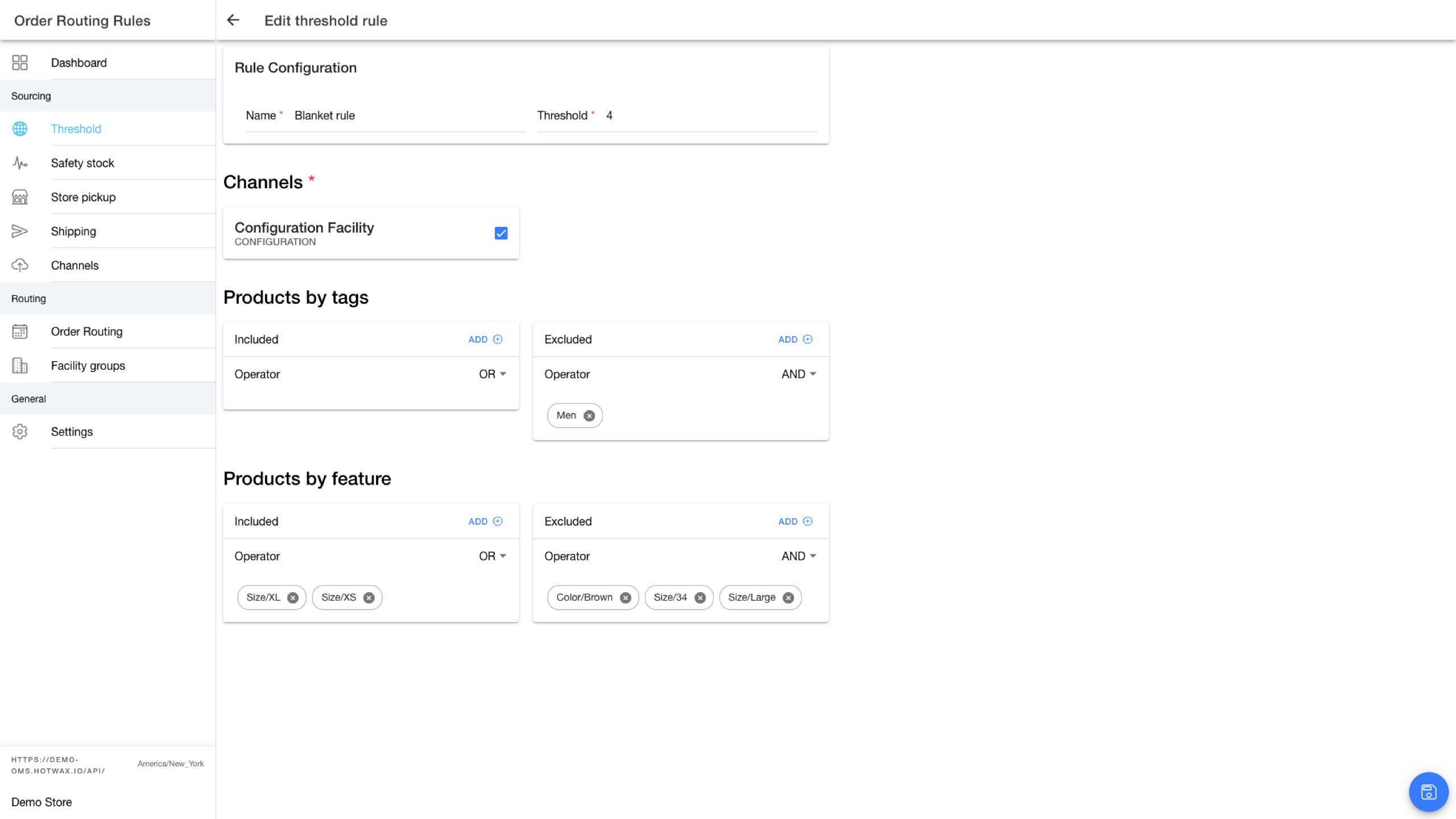 Edit threshold rule page with a threshold value, selected channel, and included and excluded product filters