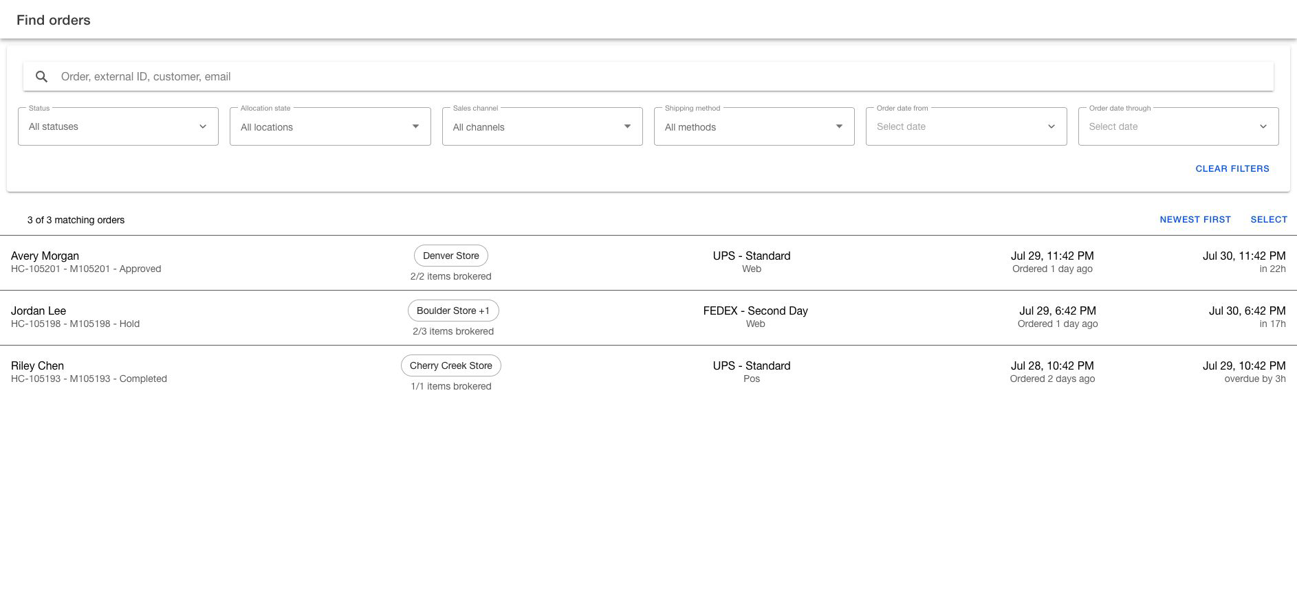 Find orders page with search, status, allocation, sales channel, shipping method, date filters, sorting, and demo order rows