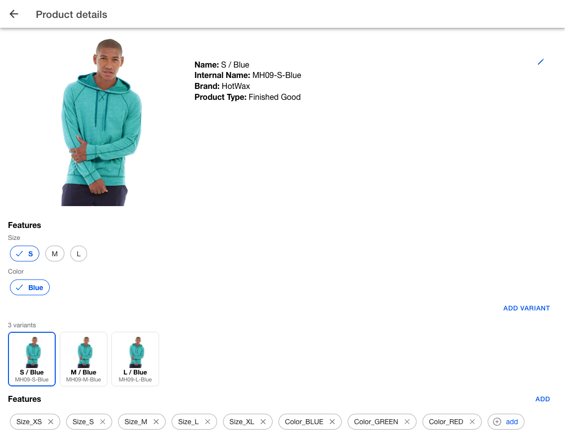 Product details for an Abominable Hoodie variant from the demo OMS