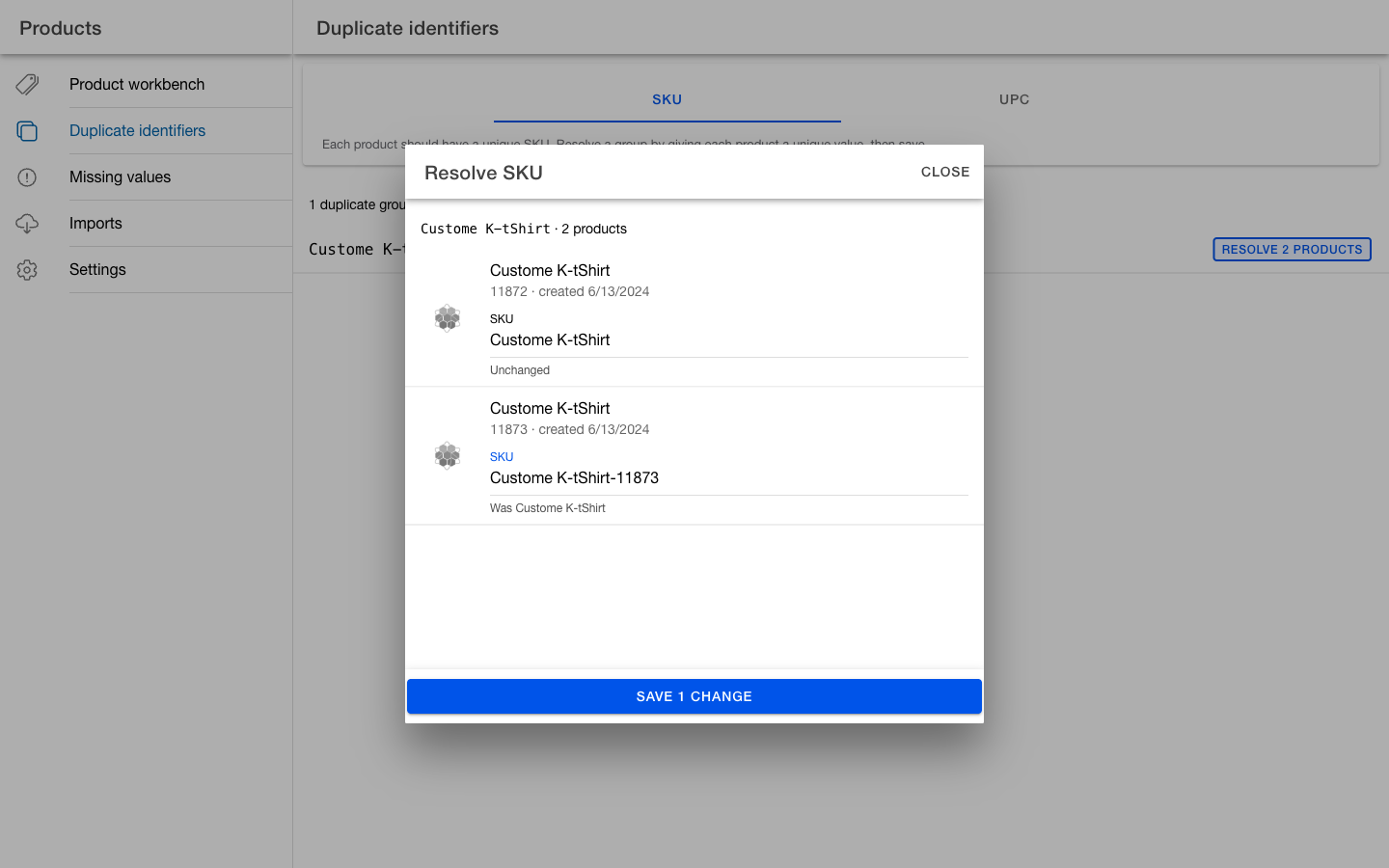 Resolve SKU dialog for two demo OMS records with one unique value staged