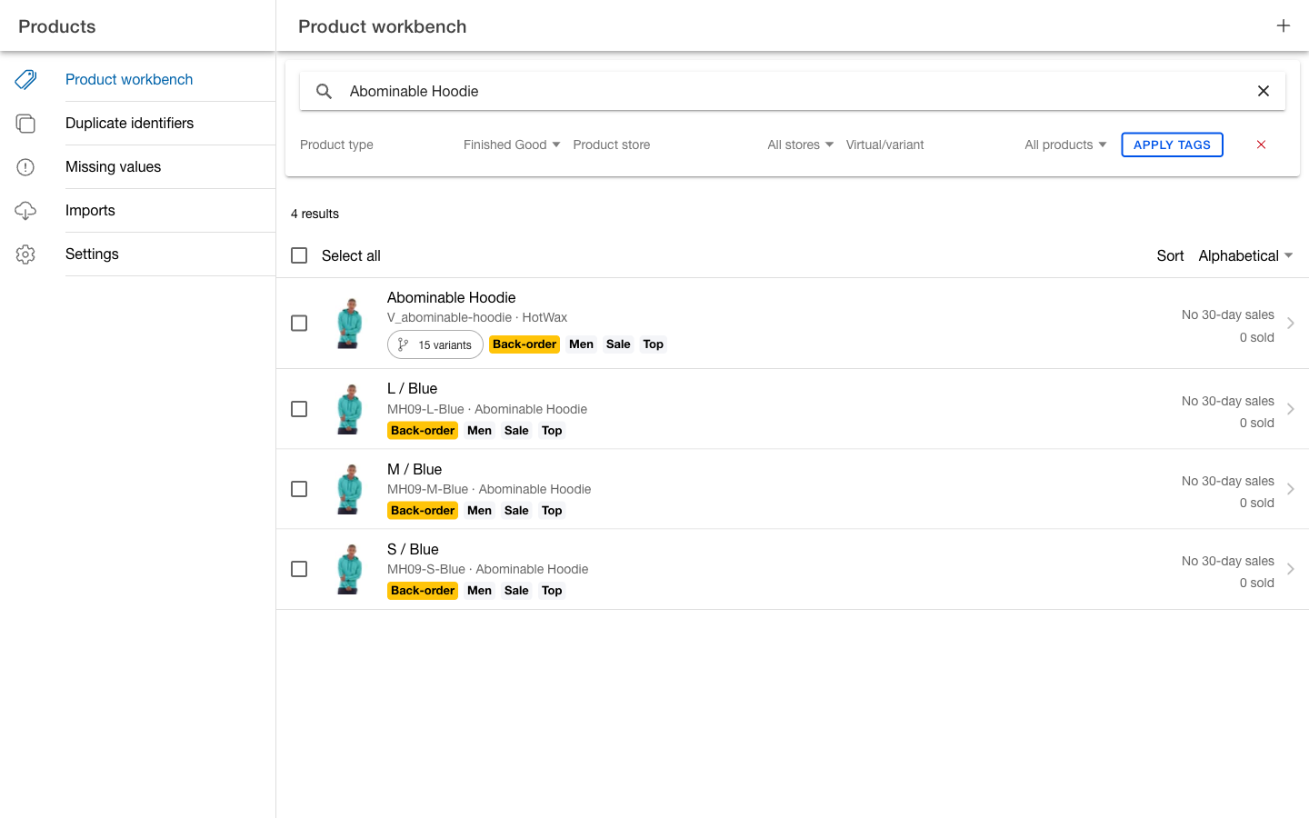 Product workbench filtered to the Abominable Hoodie product family from the demo OMS