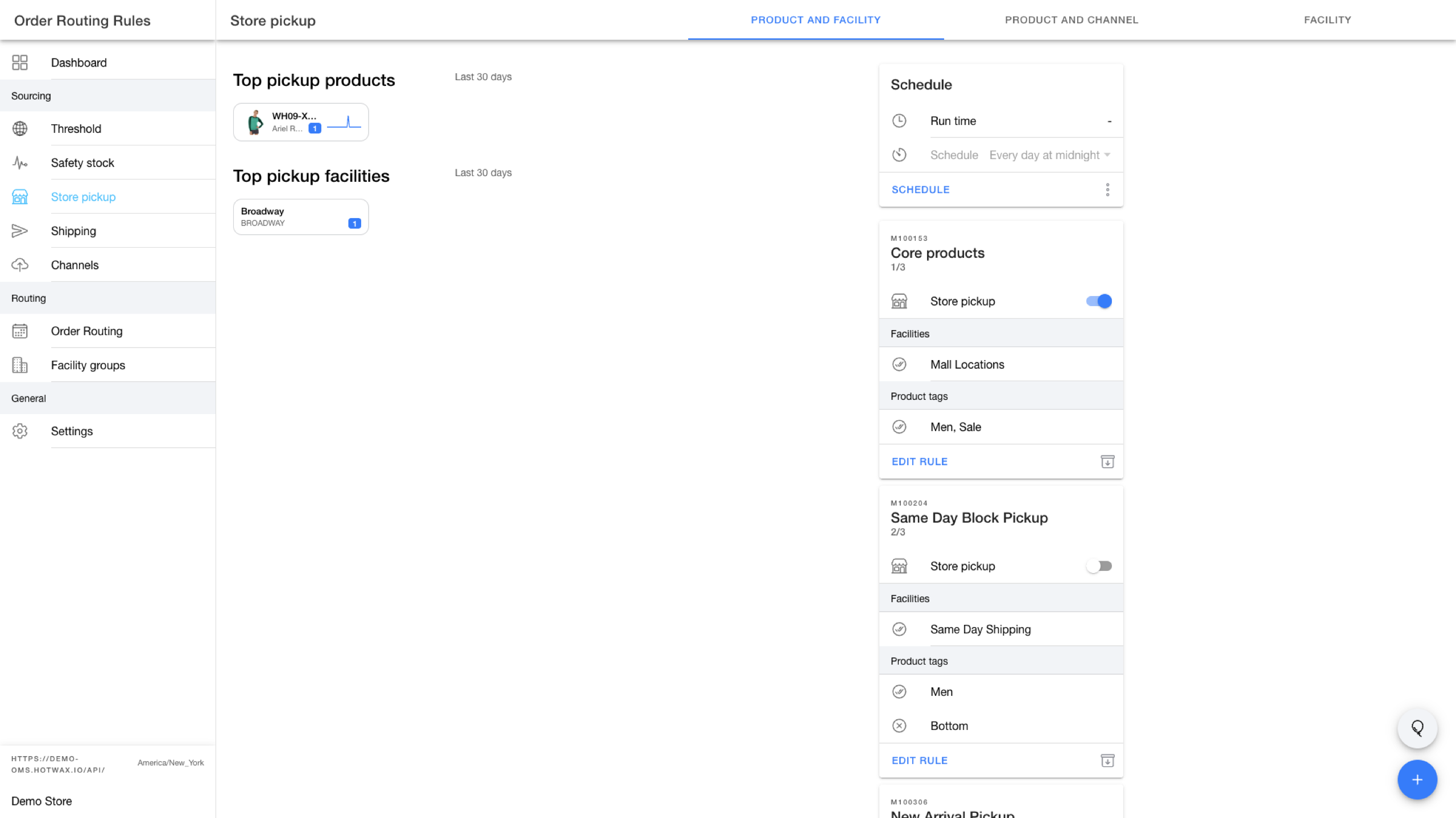 Store pickup Product and facility tab with pickup analytics, schedule controls, and active and inactive rule cards