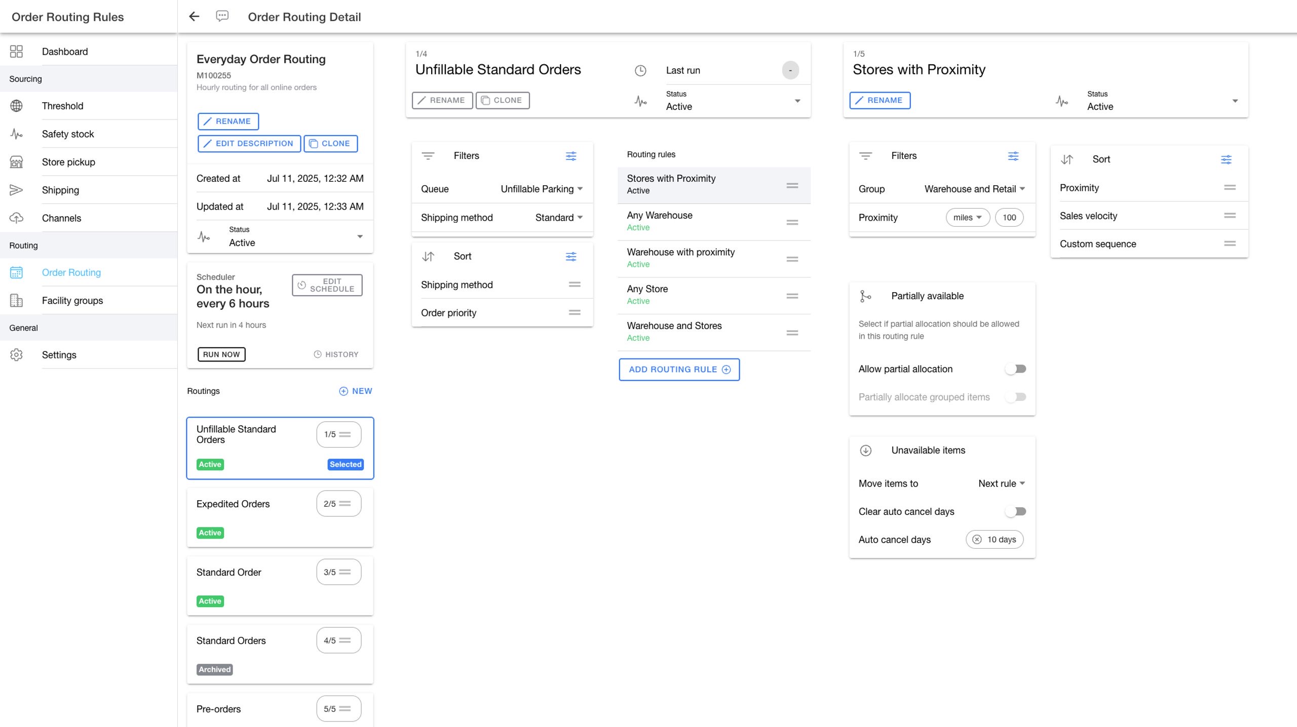 Order Routing Detail page with routing group, routing, and routing rule columns